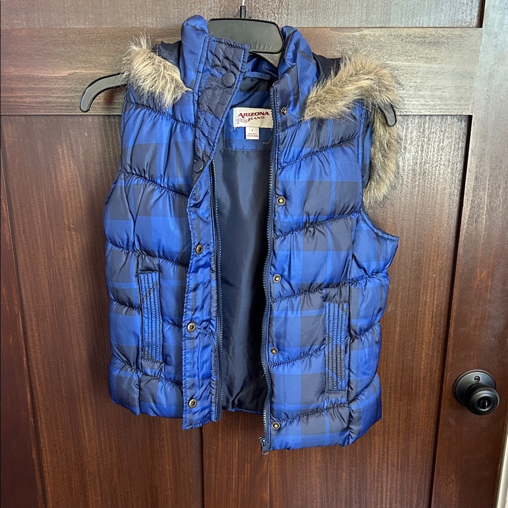 Arizona Kids Plaid Blue Vest with Faux Fur